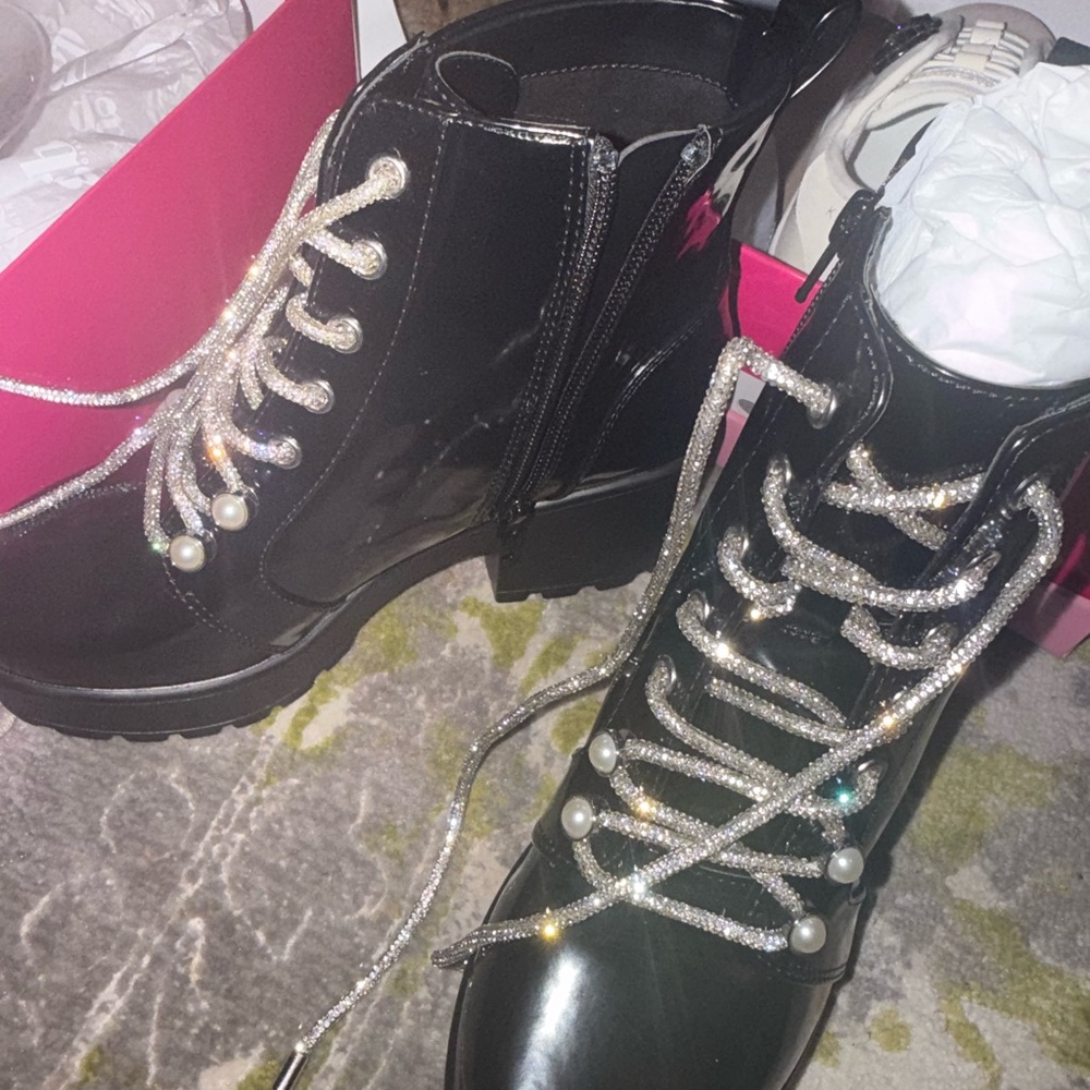 GB Girls Shiny Black Combat Boots with Pearl Laces